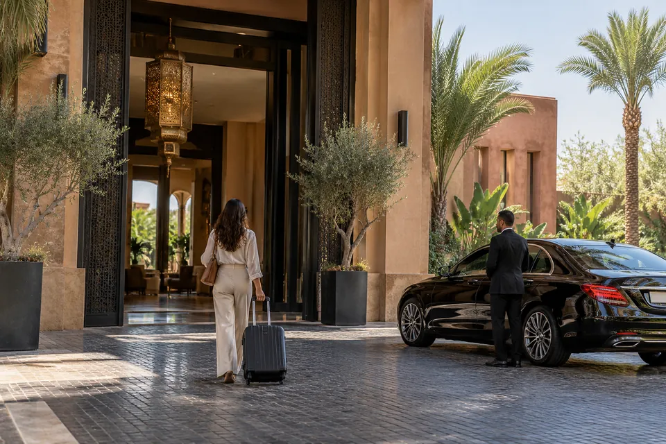 A guest with a suitcase walking to a waiting sedan at a hotel entrance