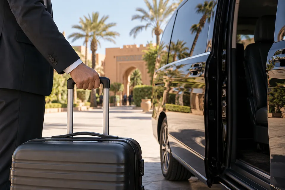 A driver holding a guest's suitcase beside an open van door